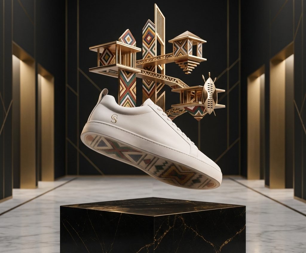 The Sole Culture sneaker floating in a dark gold gallery, its heritage-patterned sole turned outward beneath a sculpture of gold and patterned architectural forms.
